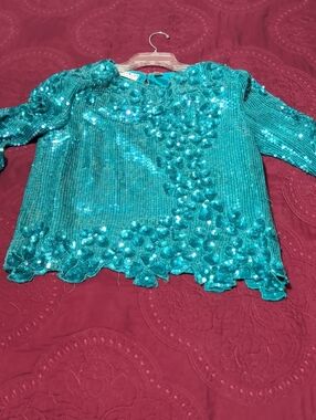 Scala Teal Sequin Floral Appliqué Blouse
